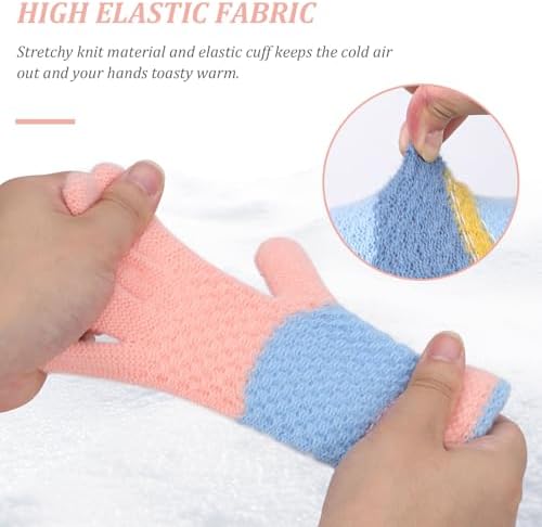 Fjquamitix 6 Pairs Kids Winter Gloves Knitted Colorful Thermal Gloves Stretchy Full Fingers Warm Glove For Children Boys Girls Ages 5-10