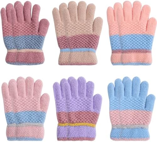 Fjquamitix 6 Pairs Kids Winter Gloves Knitted Colorful Thermal Gloves Stretchy Full Fingers Warm Glove for Children Boys Girls Ages 5-10