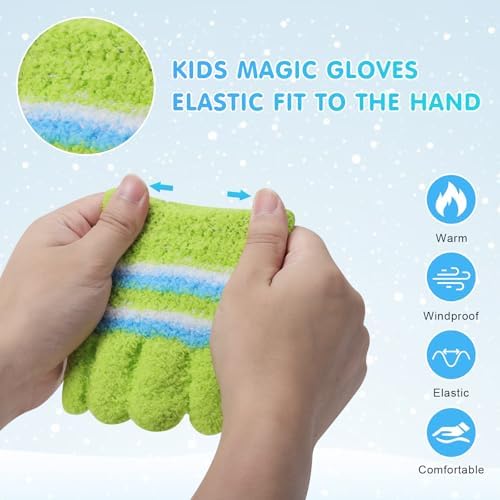 Fjquamitix 6 Pairs Kids Winter Gloves Plush Colorful Striped Knit Glove Thermal Stretchy Full Fingers Magic Gloves For Boys Girls