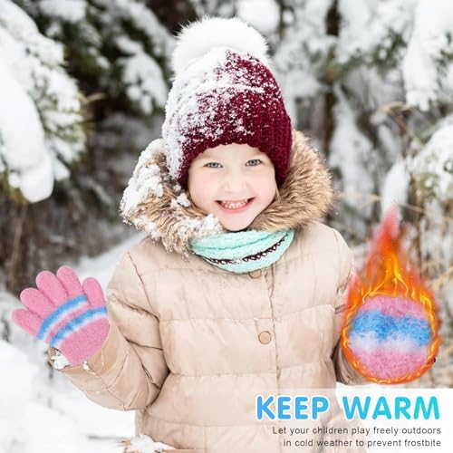 Fjquamitix 6 Pairs Kids Winter Gloves Plush Colorful Striped Knit Glove Thermal Stretchy Full Fingers Magic Gloves For Boys Girls