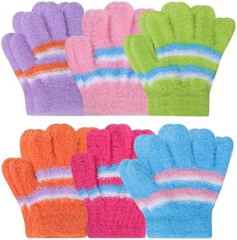 Fjquamitix 6 Pairs Kids Winter Gloves Plush Colorful Striped Knit Glove Thermal Stretchy Full Fingers Magic Gloves for Boys Girls