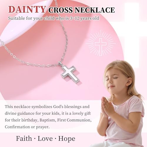 FLHEART Sterling Silver Cross Necklace For Kids - Dainty Cross Pendant Necklace Christening Gift For Godchild Easter First Communion Confirmation Baptism Gifts For Boys Girls