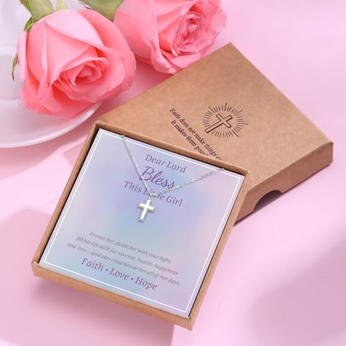 FLHEART Sterling Silver Cross Necklace For Kids - Dainty Cross Pendant Necklace Christening Gift For Godchild Easter First Communion Confirmation Baptism Gifts For Boys Girls