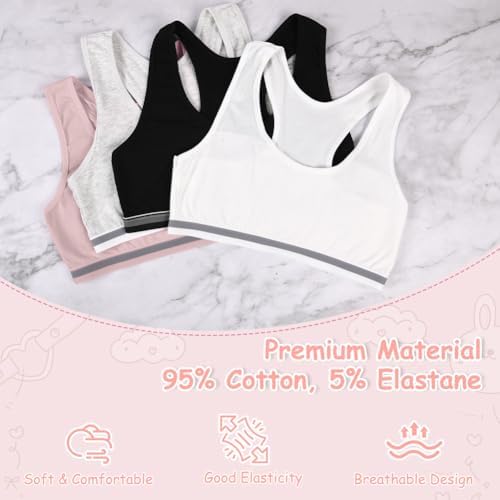 Flintronic 4 Pack Girls Sports Bra Cotton Training Bras Unpadded Crop Top Teenage Girls Crop Vest