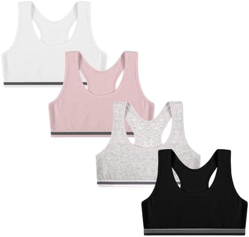 Flintronic 4 Pack Girls Sports Bra Cotton Training Bras Unpadded Crop Top Teenage Girls Crop Vest