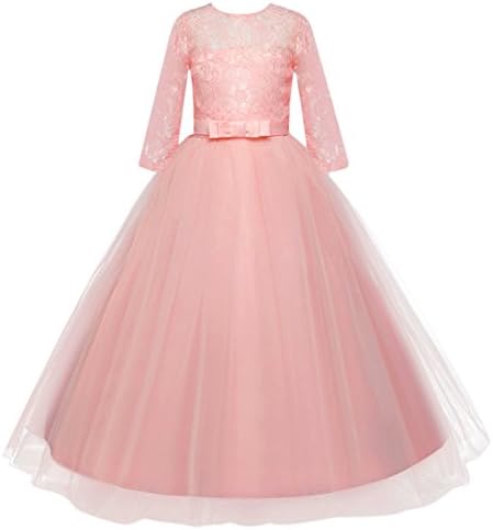Flower Girls Lace 3/4 Sleeve Dress Wedding Bridesmaid First Communion Evening Party Floor Length Dress Kids Princess Pageant Birthday Prom Carnival Christmas Ball Gown