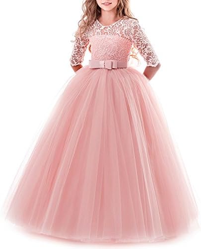 Flower Girls Lace 3/4 Sleeve Dress Wedding Bridesmaid First Communion Evening Party Floor Length Dress Kids Princess Pageant Birthday Prom Carnival Christmas Ball Gown
