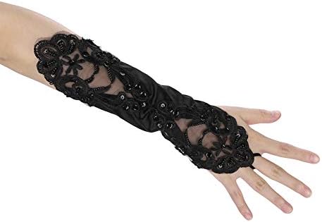 Flower Girls Long Satin Lace Fingerless Gloves With Sequins Beads For Communion Princess Wedding Bridesmaid - Child Fancy Costume Dress Elbow Length Gloves For 8-15 Years Old