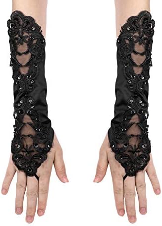 Flower Girls Long Satin Lace Fingerless Gloves With Sequins Beads for Communion Princess Wedding Bridesmaid - Child Fancy Costume Dress Elbow Length Gloves for 8-15 Years Old
