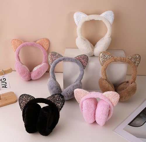 Foldable Kids Plush Winter Earmuffs Cat Ears Inspired Girls Faux Fur Ear Warmer Boys Soft Cushioned Warm Ear Muffs Fleece Earflaps Cold Weather Ears Protector Kids Ski Snow Ear Covers Xmas Gift