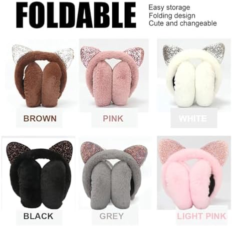Foldable Kids Plush Winter Earmuffs Cat Ears Inspired Girls Faux Fur Ear Warmer Boys Soft Cushioned Warm Ear Muffs Fleece Earflaps Cold Weather Ears Protector Kids Ski Snow Ear Covers Xmas Gift