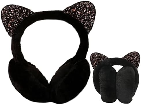 Foldable Kids Plush Winter Earmuffs Cat Ears Inspired Girls Faux Fur Ear Warmer Boys Soft Cushioned Warm Ear Muffs Fleece Earflaps Cold Weather Ears Protector Kids Ski Snow Ear Covers Xmas Gift