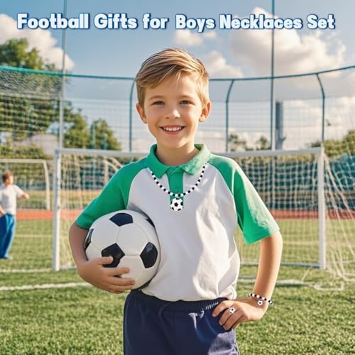 Football Boys' Necklaces Set 3 Pcs Black White Bead Boys Bracelet Necklaces Rings Elastic Rope For Boy Teenager