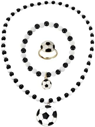 Football Boys' Necklaces Set 3 pcs Black White Bead Boys Bracelet Necklaces Rings Elastic Rope for Boy Teenager