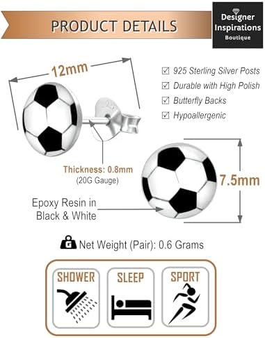 Football/Soccer Stud Earrings/Pair Of Ear Studs For Children Kids Boys Girls Teenagers Women - 925 Sterling Silver - Ideal Small Children's Earrings - 5MM 7.5MM