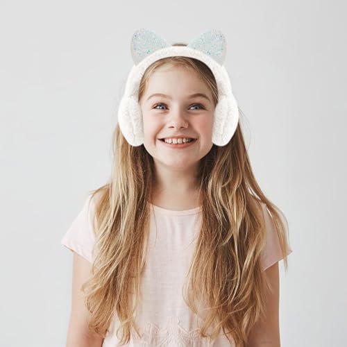 Forreen Earmuffs For Girls 2 Pieces Ear Muffs Winter Warm Faux Furry Cute Sequin Cat Ear Warmers Anti-Cold Adjustable Comfortable Ear Covers For Keep Ears Warm In Cold Weather