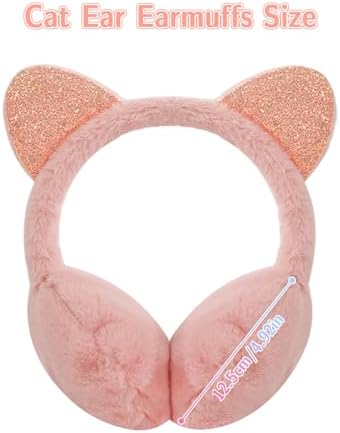 Forreen Earmuffs For Girls 2 Pieces Ear Muffs Winter Warm Faux Furry Cute Sequin Cat Ear Warmers Anti-Cold Adjustable Comfortable Ear Covers For Keep Ears Warm In Cold Weather