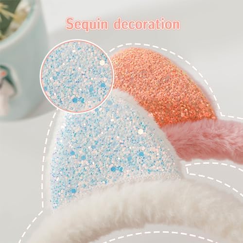 Forreen Earmuffs For Girls 2 Pieces Ear Muffs Winter Warm Faux Furry Cute Sequin Cat Ear Warmers Anti-Cold Adjustable Comfortable Ear Covers For Keep Ears Warm In Cold Weather