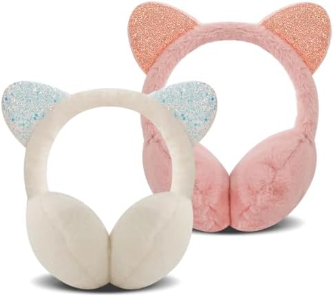 Forreen Earmuffs for Girls 2 Pieces Ear Muffs Winter Warm Faux Furry Cute Sequin Cat Ear Warmers Anti-Cold Adjustable Comfortable Ear Covers for Keep Ears Warm In Cold Weather