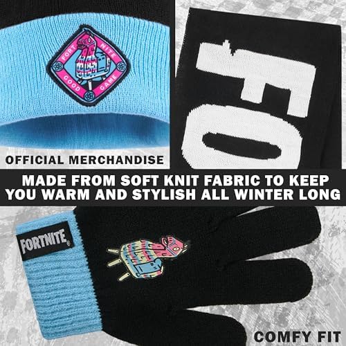 Fortnite Beanie Winter Accessories Set Boys & Teens 3pcs Hat Scarf & Gloves Warm Knit For School Travel Days Out Gamer Gifts
