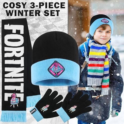 Fortnite Beanie Winter Accessories Set Boys & Teens 3pcs Hat Scarf & Gloves Warm Knit For School Travel Days Out Gamer Gifts