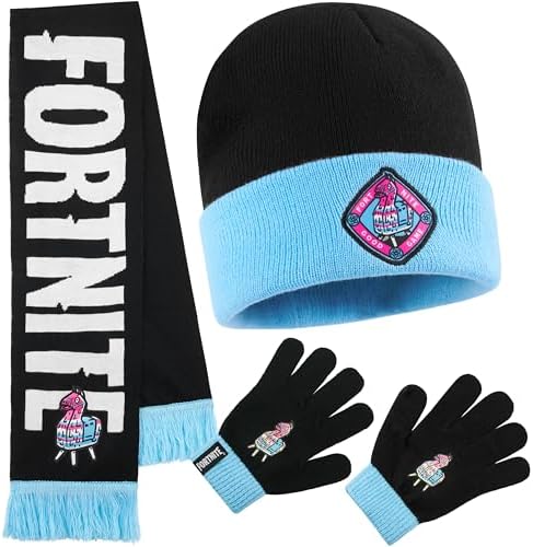 Fortnite Beanie Winter Accessories Set Boys & Teens 3pcs Hat Scarf & Gloves Warm Knit for School Travel Days Out Gamer Gifts