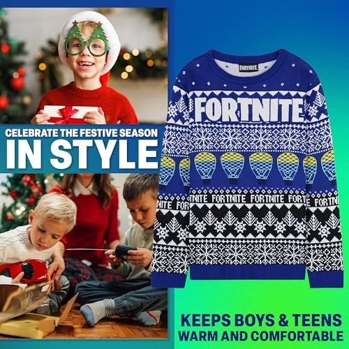 Fortnite Christmas Jumper For Boys & Teens 7-15 Years Blue Knitted Pullover Sweater With Long Sleeves Xmas Gifts For Him