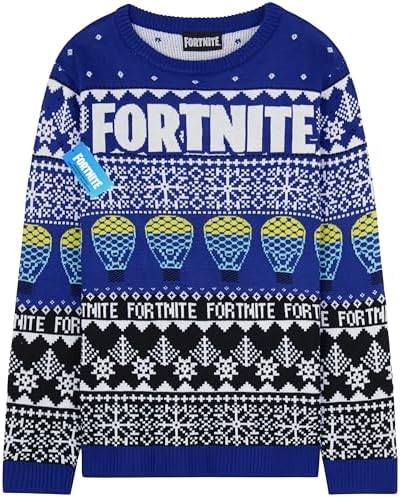 Fortnite Christmas Jumper for Boys & Teens 7-15 Years Blue Knitted Pullover Sweater with Long Sleeves Xmas Gifts for Him