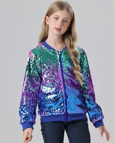 Freshhoodies Girls Flip Sequin Jacket Kids Gradient Jackets Sparkly Long Sleeve Zip-Up Jackets 6-12 Years