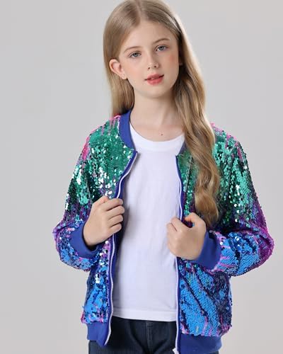 Freshhoodies Girls Flip Sequin Jacket Kids Gradient Jackets Sparkly Long Sleeve Zip-Up Jackets 6-12 Years