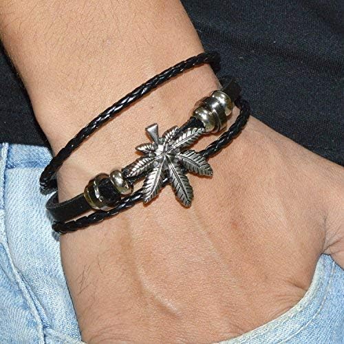 Frienemy Presents Leather Weed Leaves Multilayer Braided Mens Bracelet #Frienemy-1873