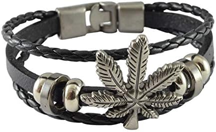 Frienemy Presents Leather Weed Leaves Multilayer Braided Mens Bracelet #Frienemy-1873
