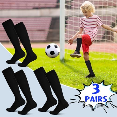 FRIUSATE 3 Pairs Kids Football Socks Black Children Football Socks Youth Soccer Socks Breathable Football Sport Socks For Boys Girls Junior Running Hockey Rugby(30-36)