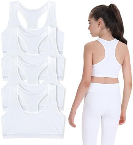 FUIPVGI 4 Pack Girls Bra Crop Tops for Girls Soft Comfortable Cotton Girls Sports Bra Kids Underwear Non Padded Training Bra Crop Top Bra for Girls Kids Teens 8-14 Years (White)