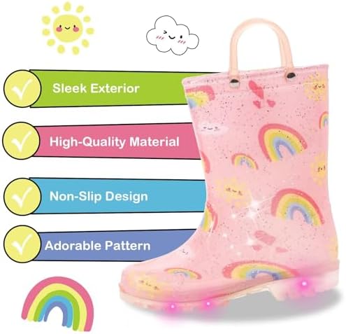 FUNCOO PLUS Girls Boys Wellies For Kids Unisex Toddler Wellingtons Boots Childrens Light Up Wellies Handle It Rain Boots