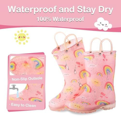 FUNCOO PLUS Girls Boys Wellies For Kids Unisex Toddler Wellingtons Boots Childrens Light Up Wellies Handle It Rain Boots