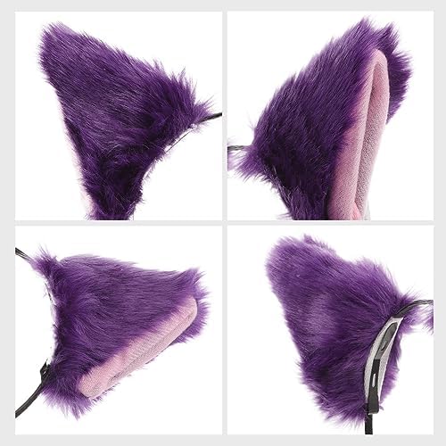 Fur Cat Ears Headband Fox Ear Headwear Animal Fur Costume Party Head Bands For Women And Girls (Purple)