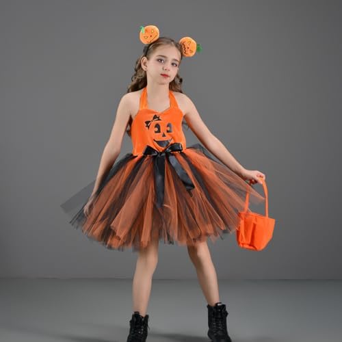 FYMNSI Girls Halloween Costume Pumpkin Dress With Headband Candy Bag 3pcs Set Kids Trick Or Treat Outfits Party Cosplay