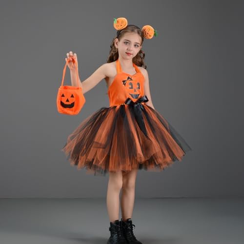 FYMNSI Girls Halloween Costume Pumpkin Dress With Headband Candy Bag 3pcs Set Kids Trick Or Treat Outfits Party Cosplay