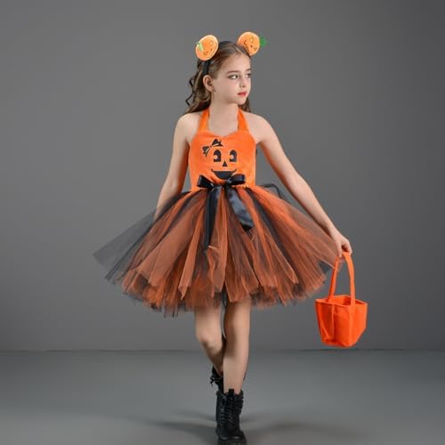 FYMNSI Girls Halloween Costume Pumpkin Dress With Headband Candy Bag 3pcs Set Kids Trick Or Treat Outfits Party Cosplay