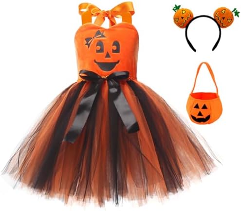FYMNSI Girls Halloween Costume Pumpkin Dress with Headband Candy Bag 3pcs Set Kids Trick Or Treat Outfits Party Cosplay