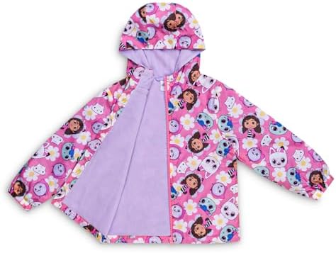 Gabby's Dollhouse Girls Raincoat Pink Waterproof Fleece Lined Jacket With Hood Zip-Up Kids Rain Jacket Toddler Girls Outdoor Coat