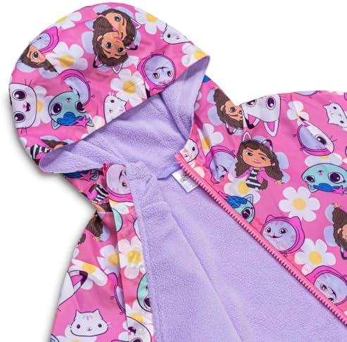 Gabby's Dollhouse Girls Raincoat Pink Waterproof Fleece Lined Jacket With Hood Zip-Up Kids Rain Jacket Toddler Girls Outdoor Coat