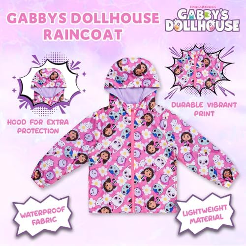 Gabby's Dollhouse Girls Raincoat Pink Waterproof Fleece Lined Jacket With Hood Zip-Up Kids Rain Jacket Toddler Girls Outdoor Coat
