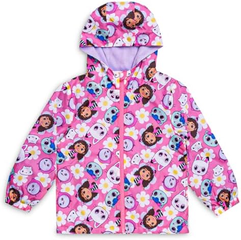 Gabby's Dollhouse Girls Raincoat Pink Waterproof Fleece Lined Jacket with Hood Zip-Up Kids Rain Jacket Toddler Girls Outdoor Coat