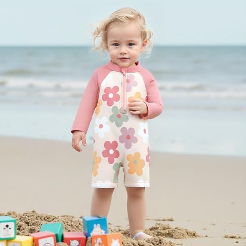 Geagodelia Toddler Baby Girl Swimsuit And Hat Zip Up Long Sleeve All In One Swimming Costume UV Sun Protection Swimwear One Piece Swimming Suit Rash Guard Sunsuit
