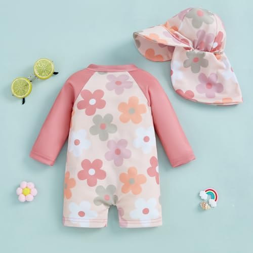 Geagodelia Toddler Baby Girl Swimsuit And Hat Zip Up Long Sleeve All In One Swimming Costume UV Sun Protection Swimwear One Piece Swimming Suit Rash Guard Sunsuit
