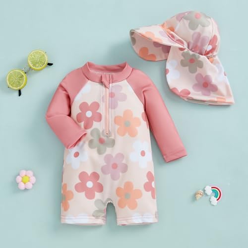Geagodelia Toddler Baby Girl Swimsuit And Hat Zip Up Long Sleeve All In One Swimming Costume UV Sun Protection Swimwear One Piece Swimming Suit Rash Guard Sunsuit