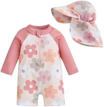 Geagodelia Toddler Baby Girl Swimsuit and Hat Zip Up Long Sleeve All in One Swimming Costume UV Sun Protection Swimwear One Piece Swimming Suit Rash Guard Sunsuit
