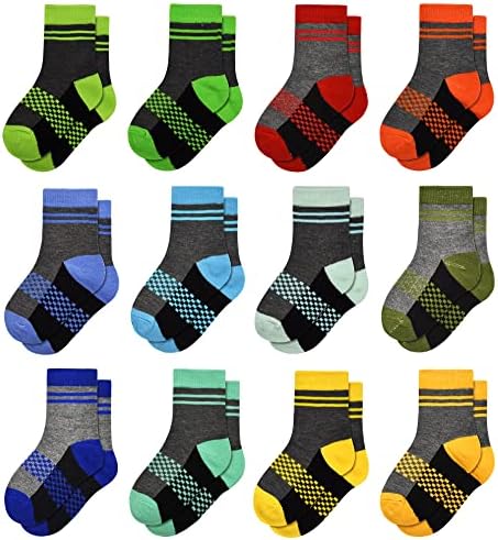 GENTABY Boys Crew Socks Novelty Plaid Kids Multiple Colour Elastic Mid Cut Toddler Socks Fashion Casual Breathable Boy Sport Socks 12 Pairs For 2-14 Years Children